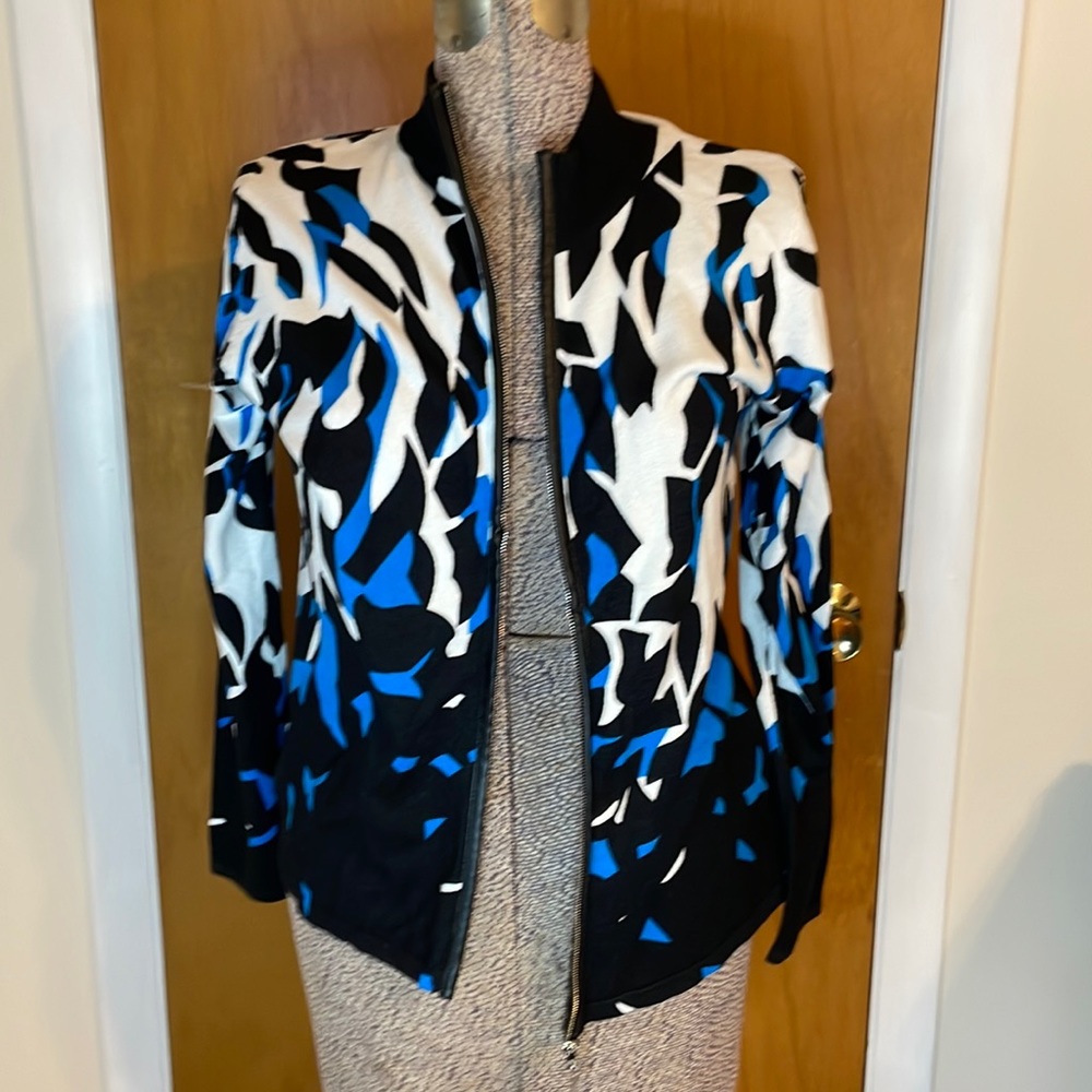 Marble Womens Medium Black/White/Blue Geometric Pattern Zippered Cardigan
